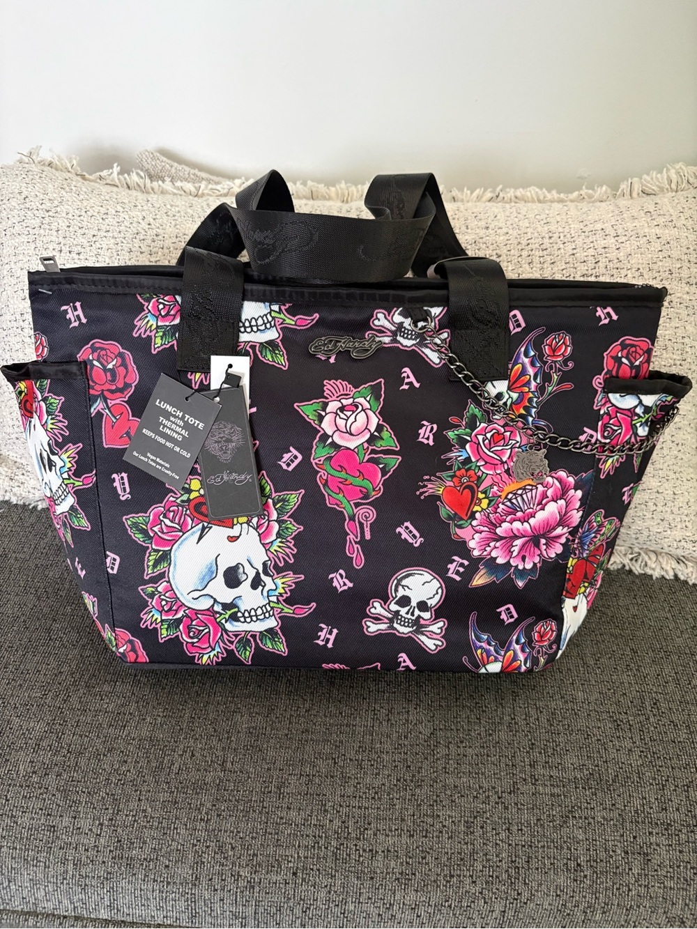 Ed Hardy Black Tote with Pink & Red Floral Skull Print